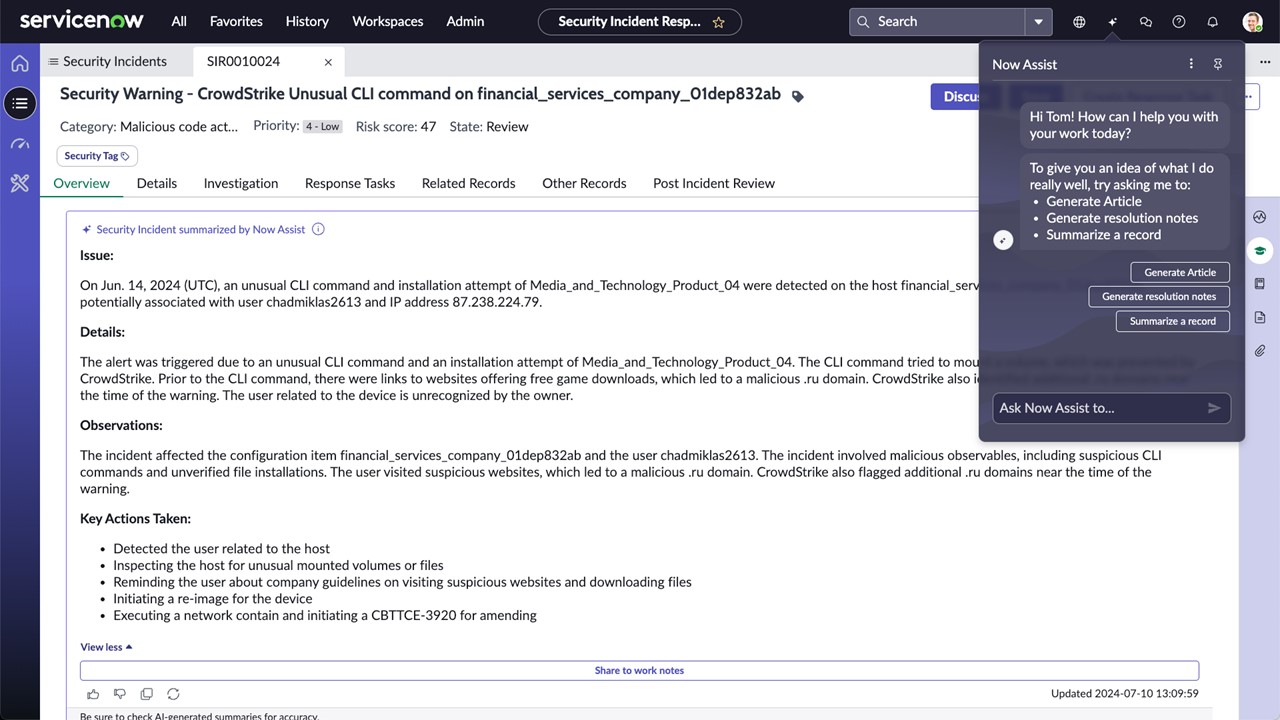 Screenshot of Now Assist for Secops in ServiceNow Xanadu